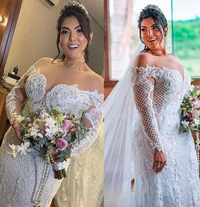 Plus Size Meerjungfrau Brautkleid Sexy Sheer Neck Langarm Nach Maß Durchsichtig Zurück Braut Roben Vestido De Novia