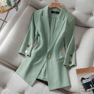 Summer Solid Color Elegant Green Blazer Casual Thin Women Jacket Women's Korean Style V-neck Office Lady Suit Coat 220818