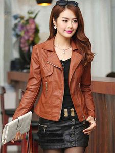 FMFSSOM Spring New Women Slim Faux Leather Jacket Brown Soft Pu Coats dragkedjor Casual Tickets Motobiker Windsectoat Warme Outwear T220810