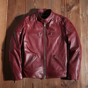 Röd motorcykel cyklist läderjacka äkta läderfjäder och höstrock Slim kvalitet fårskinn mjuka kläder 220819