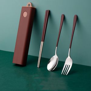 3Pcs/Set 304 Stainless Steel Tableware Spoon Fork Chopsticks Student Travel Pull-out Portable Tableware Set YF0098
