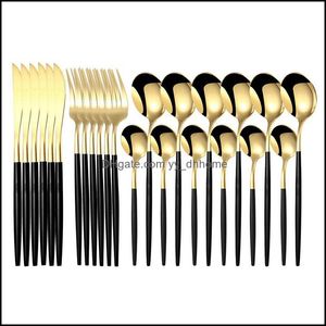 Dinnerware Sets 24Pcs/Set Stainless Steel Dinner Black Gold Set Knife Fork Coffee Spoon Cutlery Kitchen Tableware Sierware D Yydhhome Dhzoe