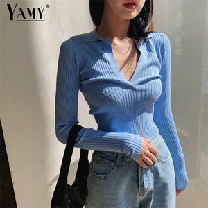 Fall ladies polo shirt women long sleeve crop top white solid cropped polo shirts mujer sexy t shirts Korean streetwear MX200721