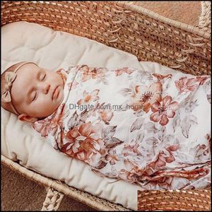 Coperte Swaddling Flowers Baby Swaddle Wrap Coperta Avvolge Biancheria da letto per bambini Asciugamano Panno avvolto per neonati con Bowknot Headb Mxhome Dh4Xl