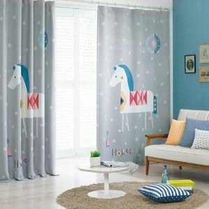 Curtain & Drapes Blue Gray Cartoon Trojan Horse Window Curtains Nordic Style High Shade Sound Insulation Children'S Bedroom Customizable