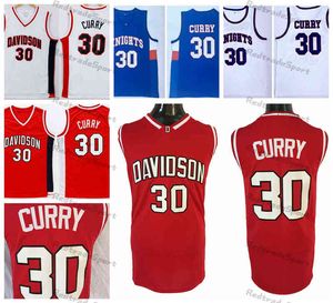 Mens vintage Davidson Wildcat Stephen Curry 30 Jerseys de basquete Red White Charlotte Christian Knights High School Stitched Shirts Blue S-X