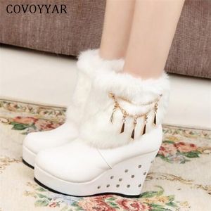 COVOYYAR Wedge Women Boots Beaded Winter Women Shoes Platform Warm Fur Shoes Woman Ankle White Snow Boots WBS4015 200916