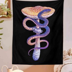 Mushroom Carpet Wall Hanging Black Tapestry Colorful Snake Graphic Tappeti estetici Soggiorno Camera da letto Home Decor J220804