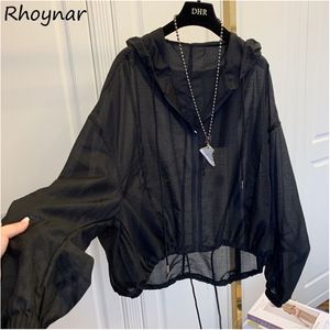 Jacken Frauen Mit Kapuze Sommer Sonnenschutz Zipper Mäntel Dünne Lose Durchsichtig Oberbekleidung Atmungsaktive Outwear Leichte Kleidung Schwarz 220818