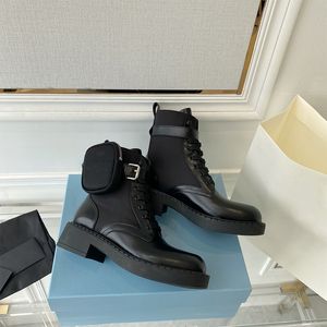 Neueste Damen-Stiefeletten, glänzendes Leder, Schnürstiefel, RE-NYLON, mittelhohe Luxusstiefel, Schwarz, Weiß, mit Geldbörse, King-Kampfstiefel mit Box NO407