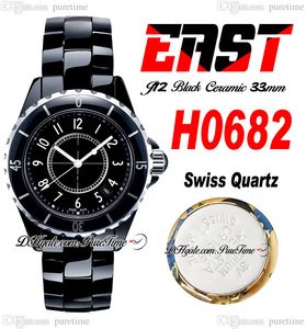 Doğu J13 33mm H0682 İsviçre Kuvars Bayanlar İzle Kore Seramik Siyah Dial Beyaz Numaralı İşaretçiler Seramik Bilezik Süper Baskı Kadınları Saatler Puretime