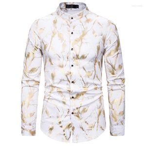 Camisas casuais masculinas Luclesam Men Bronzing Print Dress Shirt