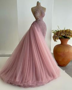 Luxury Beading Mermaid Prom Dresses Illusion Neck Dusty Pink Crystal Tulle Women Downs With Sweep Train Formell aftonkl nning