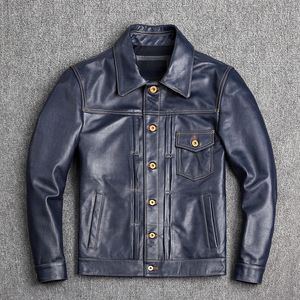 Blaue Herren-Cowboy-Lederjacke, echtes hochwertiges Rindsleder, Kurzmantel, schmales Revers, Arbeitskleidung, natürliche Kalbslederjacken 220819