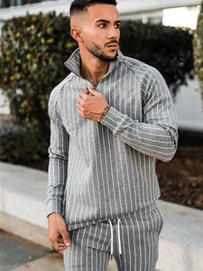 Spring Autumn Stripe Leisure Sports Suit Men Fitness Running Long Sleeve Hoodie Slim Trousers 2 Pieces Sets 220819