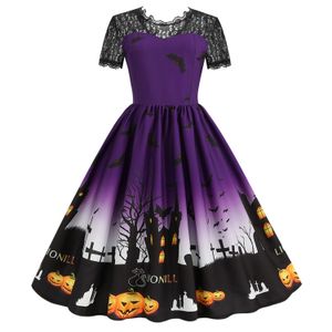 Scene Wear Halloween Women's Lace Round Neck Kort ärm tryckt stor svängklänning