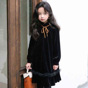 Teenager Kinder Kleidung Neue Herbst Winter Mädchen Kleid Fleece Baby Mädchen Prinzessin Kleid Kinder Schwarz Party Kleid Mit Spitze Y220819