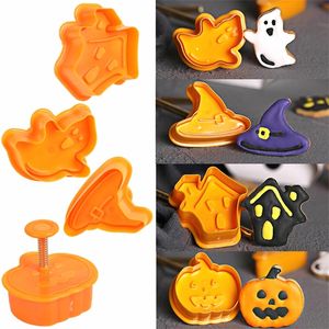 4pcs Halloween Party Decoration Pumpkin Ghost Theme Plastic Cookie Cutter Plunger Fondant Chocolate Mold Cake Decorating Tools 220819