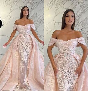 Fashion Pink Mermaid Evening Dresses With Detachable Train Illusion Off Shoulder Prom Dress Pageant Gown Custom Made Lace Robes