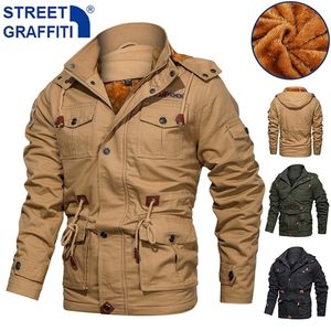 Men Winter Casual Warm Thick Fleece Bomber Jacket s Military Cotton s Cargo Hooded Windbreaker Coat 220819