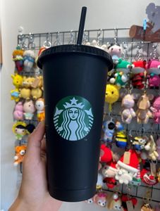 Starbucks Mermaid Goddess 24oz/710ml Bicchiere di plastica Bicchiere Riutilizzabile Nero Bere Fondo piatto Forma di pilastro Coperchio Tazze di paglia