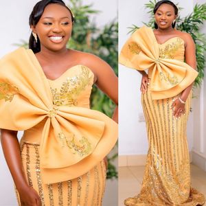 2022 بالإضافة إلى الحجم العربي Aso Ebi Gold Mermaid Farmly Prom Dresses Ensected Lace Evening Party Second Sextree Disparty Condragement Dression Zj256