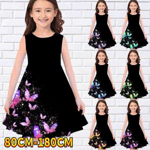 2022 Barn Little Girls Sleeveless Dress Girls Dress 3D Butterfly Print Daily Casual Sweet Sweet Over Knee Party Dress 70-180cm Y220819