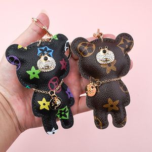 Cute Bear Keychains Rhinestone PU Leather Flower Key Ring Car Key chain Jewelry Bag Charm Animal Keyring Holder