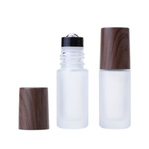 Empty Roll on Massage Refillable Bottle Steel Roller False Wood Lid Portable Cosmetic Packaging Container White Frost Glass Essential Oil Eye Cream Vials 5ml 10ml