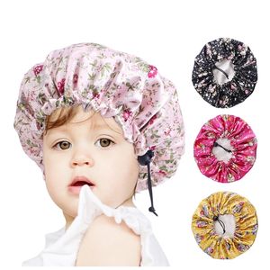 Doppellagige Satin-Seiden-Schlafmütze für Kinder, Haarschutz, Schal, florales Schlaf-Nacht-Mütze, Beanie für Kinder, Mädchen, Jungen, Mütze