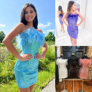 Feather Sequins Cocktail Hoco Dress 2023 Lady Formal Event Party Gown Strapless Short Mini Club Night Homecoming Gala NYE Blue Purple Rose-Gold Black White Prom Dance