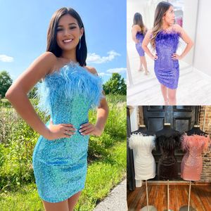 Feather Sequins Cocktail Hoco Dress 2023 Lady Evento formal Vestido de fiesta Sin tirantes Corto Mini Club Noche Homecoming Gala NYE Azul Púrpura Rosa-Oro Negro Blanco Baile de graduación