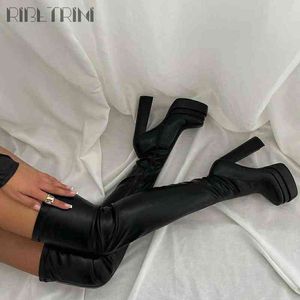 Boot Sexy Ladie Platform العلامة التجارية الأنيقة الطويلة الفخذ عالية للنساء قوطية كعب سميك مرن فوق الركبة 220805