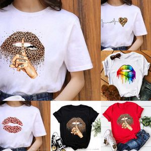 DETALJHANDEL Designer T-shirt dam Plus S-3xl Kortärmade toppar Leopard Läppar tryck Rund hals T-shirt Sommarkläder Casual Streetwear T-shirt