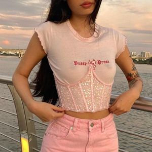 Streetwear Pastello Gotico Rosa Aderente T-shirt da donna Manica corta E-Girl Y2k Estetica Paillettes Corsetti Moda anni 2000 Crop Top T-Sh da donna