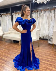 Royal-Blue Velvet Prom Dress 2k23 Mermaid Off-Shoulder High Split Met Gala Lady Pageant Formal Evening Wedding Party Gowns Sweep Train Plus Size Immagini reali Personalizzato