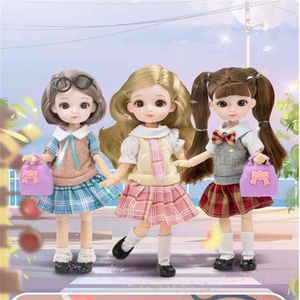 19CM Bjd Doll 13 Movable Joints Brown 3D Big Eyes Fashion School Uniform and Wedding Dress Birthday Gift for Kids 210903194s