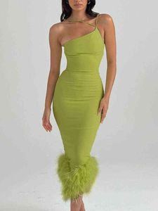 Mozision elegancka jedno ramię Feather Bottom Midi sukienka dla kobiet szata letnia nowa długa sukienka bez rękawów Bodycon Clubwear T220819