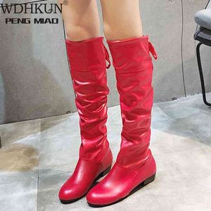 Boot Fashion Женщины Spring Bota Женская эластичная кожаная обувь женщина черная красная белая рома длина колена 220805