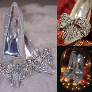 Silver Glitter Rhinestones Wedding Heels With Bowknot Party Shoes Pointed Toe For Prom Evening Occasion Crystals Bridal Pump Lady Formal Dress Stiletto Heel