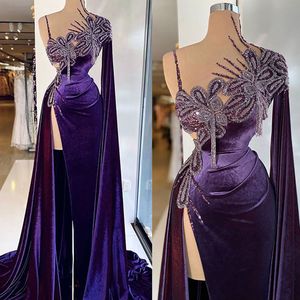 Modern Purple Evening Dresses One Shoulder Front Split A-Line Formal Party Gowns Custom Made Applique Velvet Dress