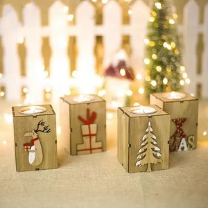 Creativo Natale Legno Albero di Natale Confezione regalo Lettera Alce Portacandele Candeliere Lampada da tavolo per la decorazione della luce del tè 7X9 cm C0819