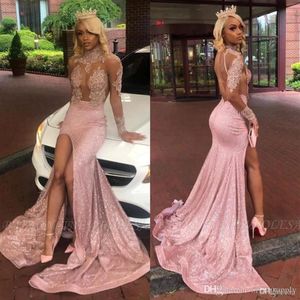 Dresses Pink Prom Long Sleeves Sweep Train High Neck Sexy Illusion Bodice Slit Beaded Ruffles Custom Made Evening Party Gowns Formal Ocn Plus Size Vestidos