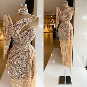 Champagne Mermaid Evening Dresses Sequined High Neck Long Sleeve Prom Dress Pageant Gown Custom Made Party Birthday Robes