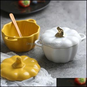 Bowls 1/2Pcs With Lid Ceramic Pumpkin Bowl Handle Salad Fruit Soup Home Kitchen Microwave Oven Exquisite Decorative Table Packing2010 Dhjq1