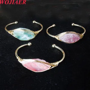 2022 Natural Stones Simple Geometric Opening Cuff Bangles Gold Color Wire Wrap Armband Female Jewel BO962