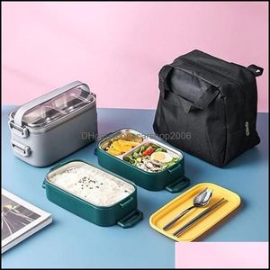 Set di stoviglie 1400ml Doppio strato in acciaio inossidabile 304 Lunch Box Bento a prova di perdite Set Microonde Adt Student Contaiinnerw Carshop2006 Dhxjm