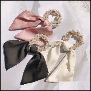 Accessori per capelli Stile francese Sciarpa di seta Nastro Imitazione Perla Elastico Corda Ragazza dolce Moda donna Coda di cavallo Accessorie Mxhome Dhm6V