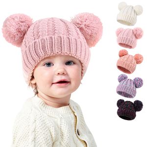 5 colori neonate cappelli lavorati a maglia bambino uncinetto pom pom berretti cappello doppia palla di pelo berretto berretto bambini maglia all'aperto caldi berretti con teschio accessori per neonati M4192