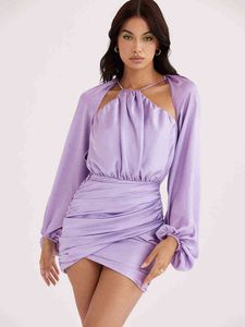 Mozision Seksi Satin Hollow Out Backless Fener Sleeve Elbise Kadınlar için Robe Sonbahar Yeni Purple Dantel Kulüp Elbise Vestido T220819